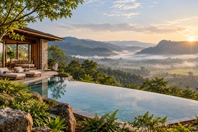 ที่พักเขาใหญ่ วิวภูเขา บรรยากาศดี — ภาพประกอบ AI ฉากจำลอง