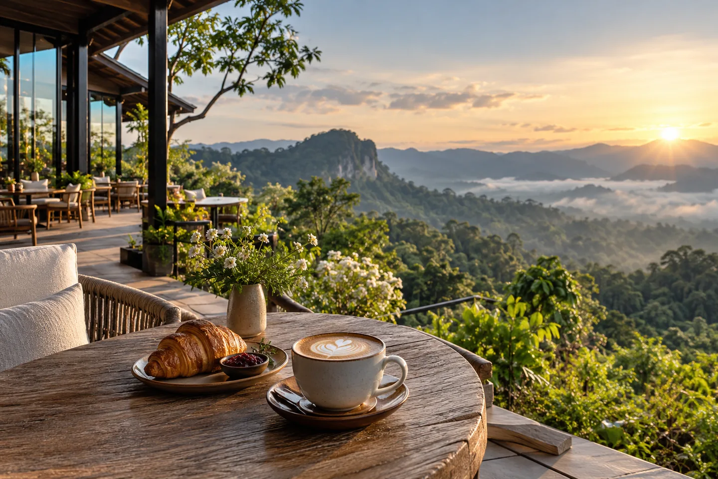 ร้านอาหารและคาเฟ่เขาใหญ่ วางแผนมื้ออร่อยระหว่างทาง — ภาพประกอบ AI ฉากจำลอง ไม่ใช่ภาพโรงแรมจริง